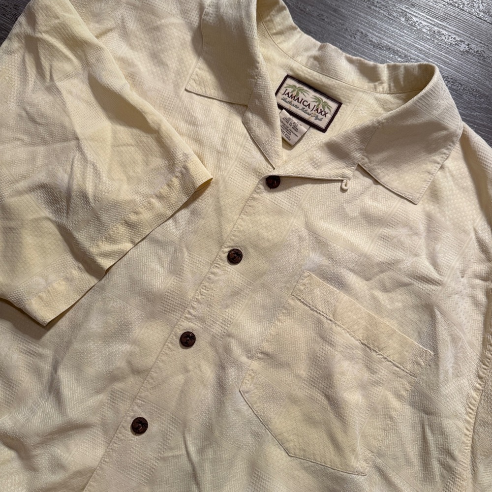 Jamaica Jaxx Shirt Mens XL Yellow 100% Silk Jacquard Aloha Tropical Resort Camp